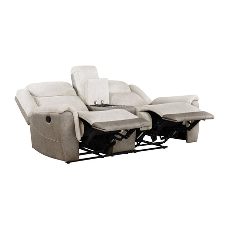 Harriette Beige/Brown Double Reclining Loveseat with Center Console by Homelegance at Eve Furniture