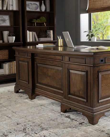 Hartshill Burnished Oak Executive Desk with File Cabinets by Coaster at Eve Furniture