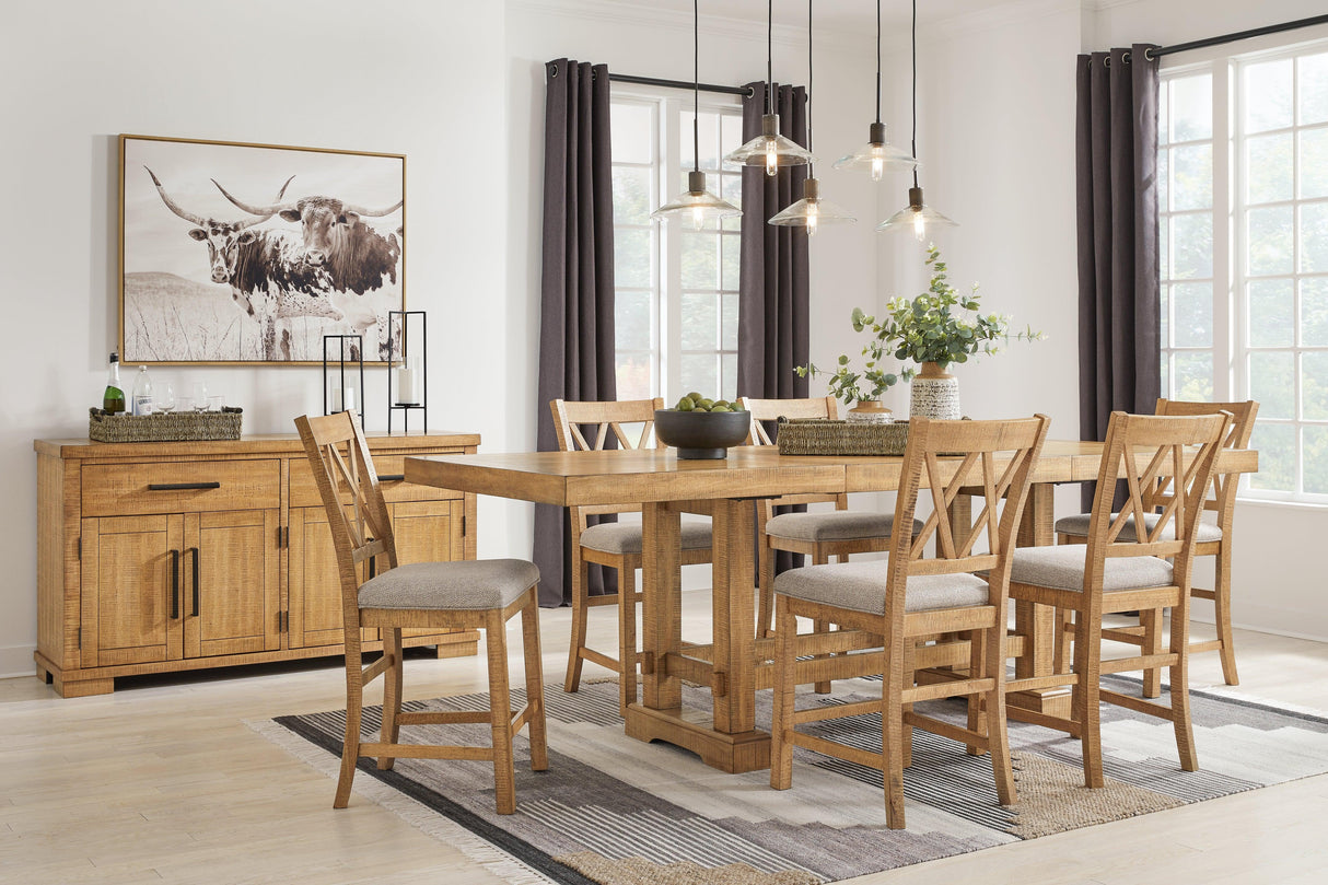 Havonplane Light Brown Pine Counter Height Dining Table and 6 Barstools by Ashley at Eve Furniture
