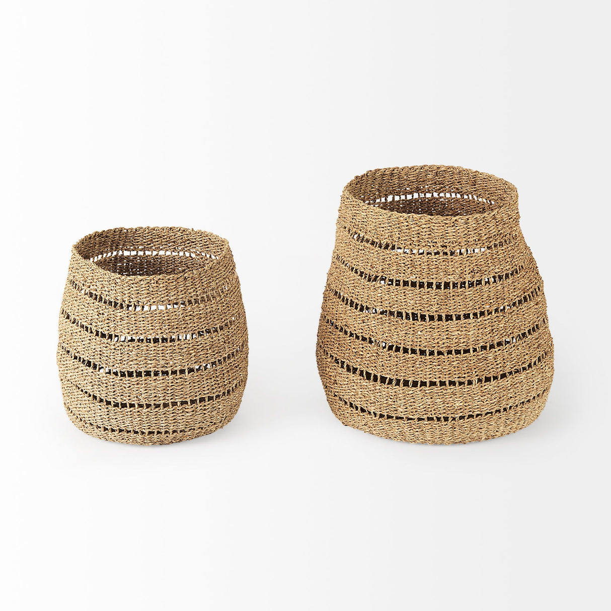 Hayes (Set of 2) Medium Brown Seagrass Round Basket with Stripe Pattern by Mercana at Eve Furniture