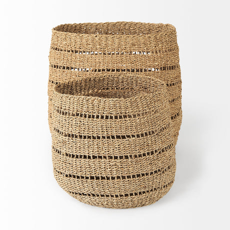 Hayes (Set of 2) Medium Brown Seagrass Round Basket with Stripe Pattern by Mercana at Eve Furniture