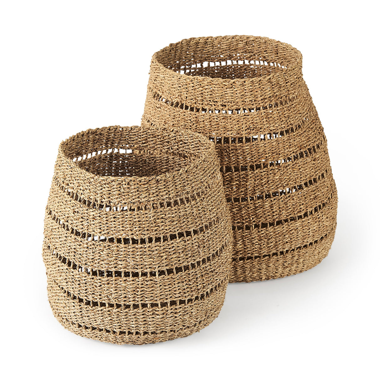 Hayes (Set of 2) Medium Brown Seagrass Round Basket with Stripe Pattern by Mercana at Eve Furniture