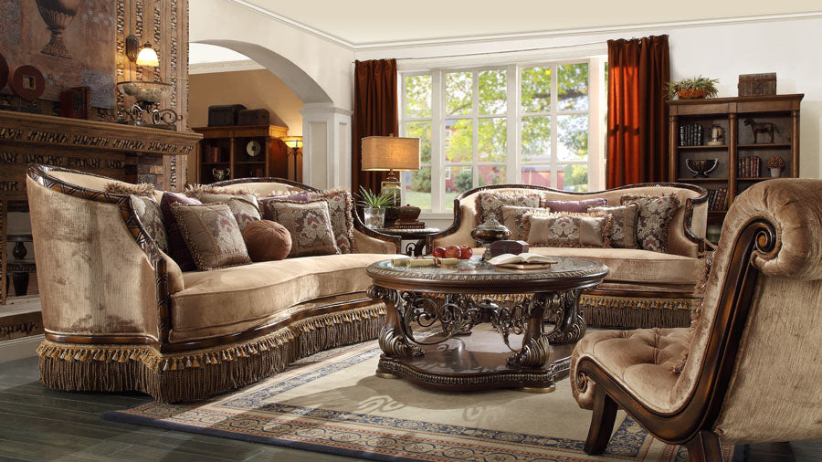 HD-1631 Dark Red Mahogany/Antique Gold Details 3-Piece Living Room Set