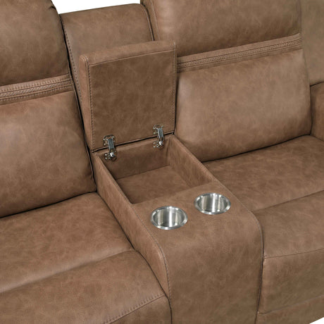Hearth Brown Double Reclining Loveseat with Center Console by Homelegance at Eve Furniture