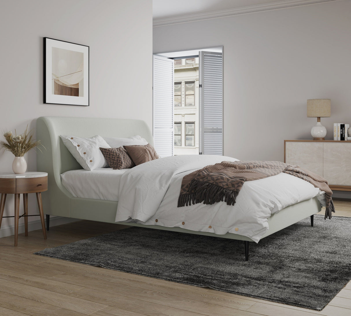 Heather Queen Bed in Cream and Black Legs by Manhattan Comfort at Eve Furniture