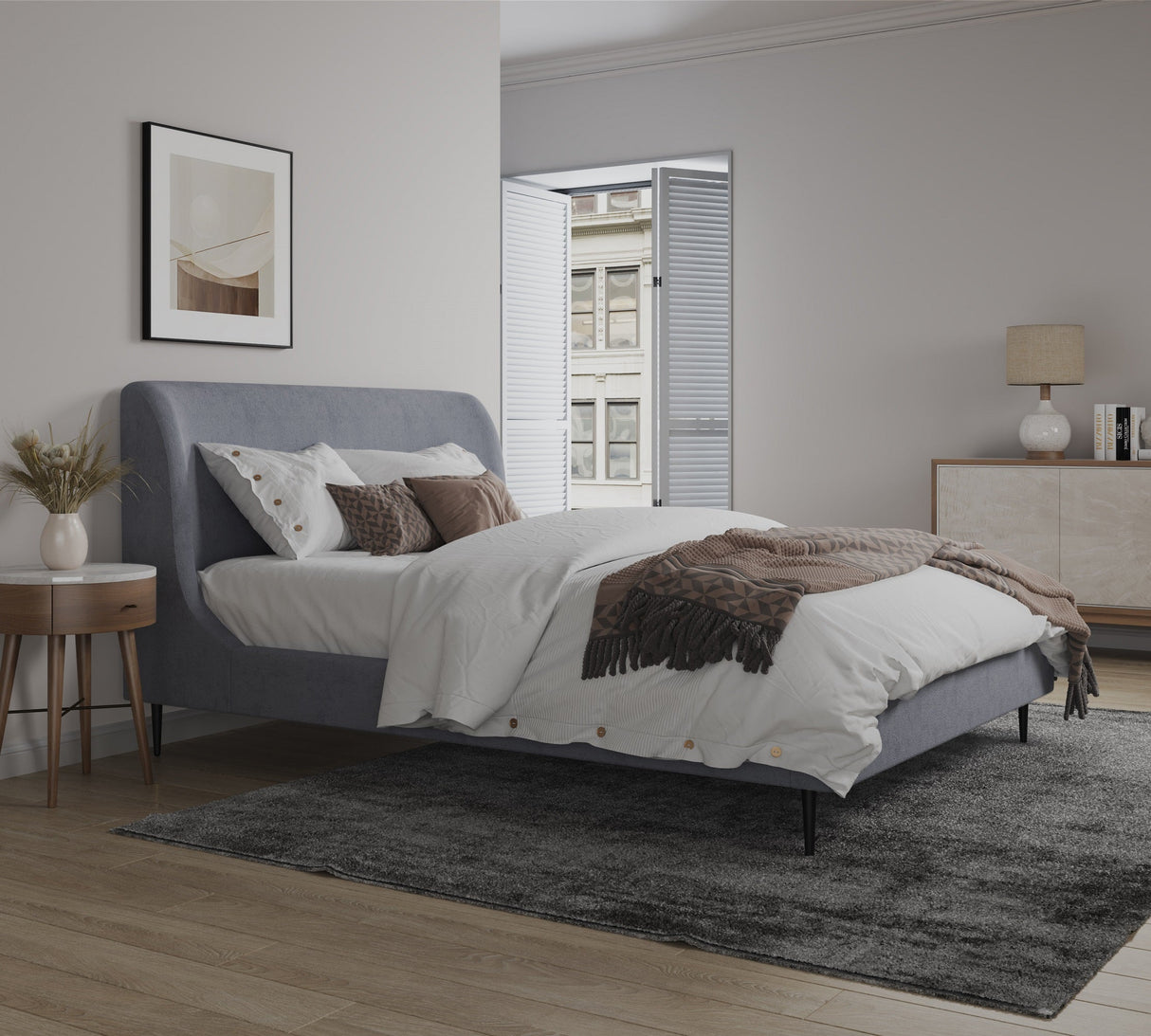 Heather Queen Bed in Grey and Black Legs by Manhattan Comfort at Eve Furniture