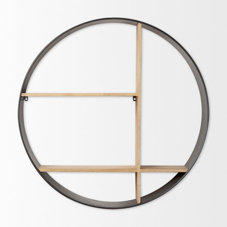 Hector Brown Wood W/ Black Metal Round Wall Shelf by Mercana at Eve Furniture