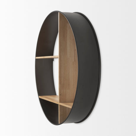 Hector Brown Wood W/ Black Metal Round Wall Shelf by Mercana at Eve Furniture