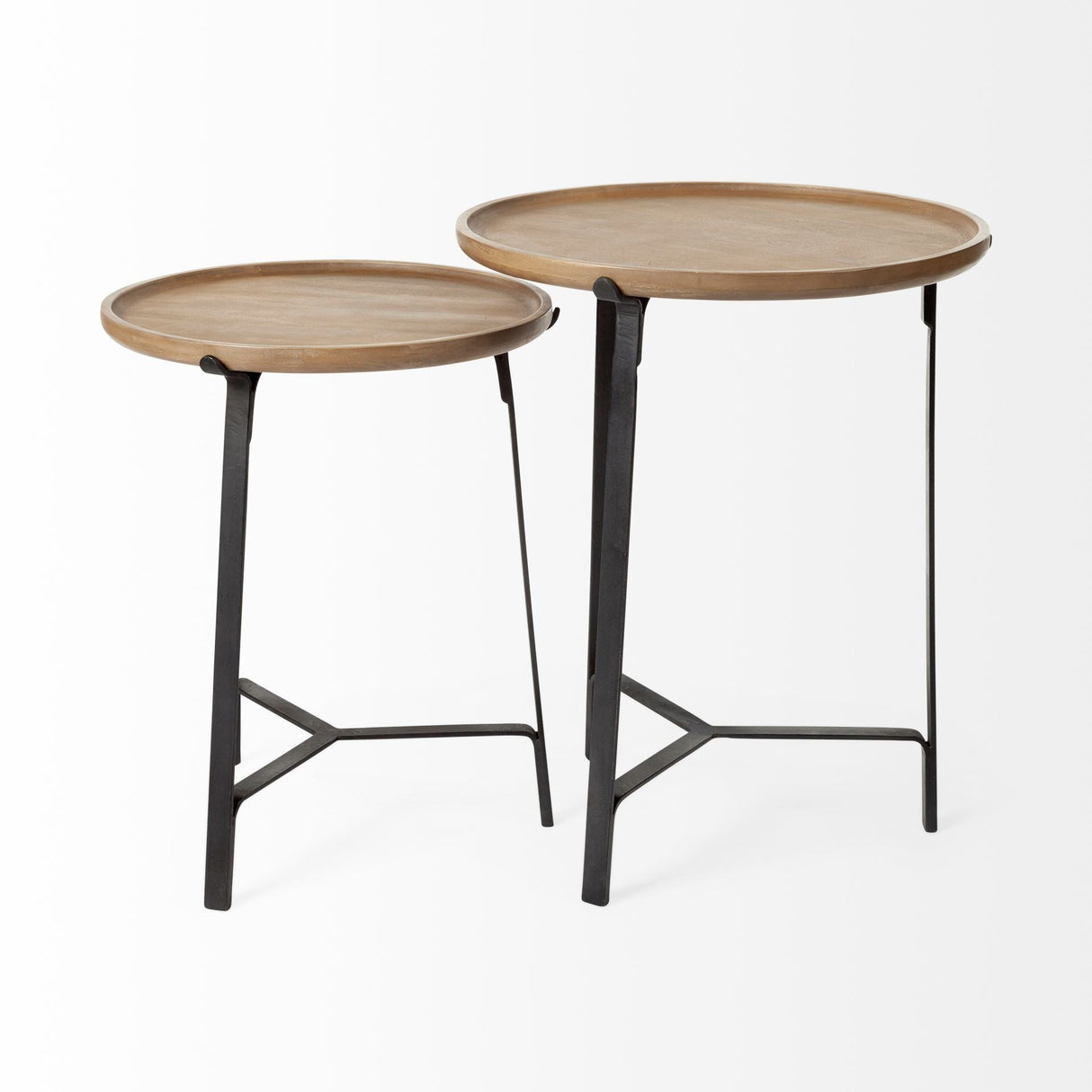 Helios III 20L x 24H Set of Two Round Brown Solid Wood Iron Base Nesting End/Side Tables by Mercana at Eve Furniture