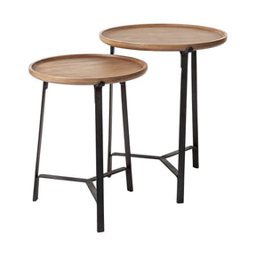 Helios III 20L x 24H Set of Two Round Brown Solid Wood Iron Base Nesting End/Side Tables by Mercana at Eve Furniture