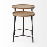 Helios III Set of Two Round Brown Solid Wood Iron Base Nesting End/Side Tables by Mercana at Eve Furniture