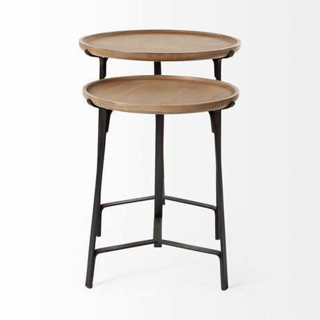 Helios III Set of Two Round Brown Solid Wood Iron Base Nesting End/Side Tables by Mercana at Eve Furniture