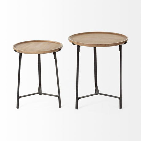 Helios III Set of Two Round Brown Solid Wood Iron Base Nesting End/Side Tables by Mercana at Eve Furniture