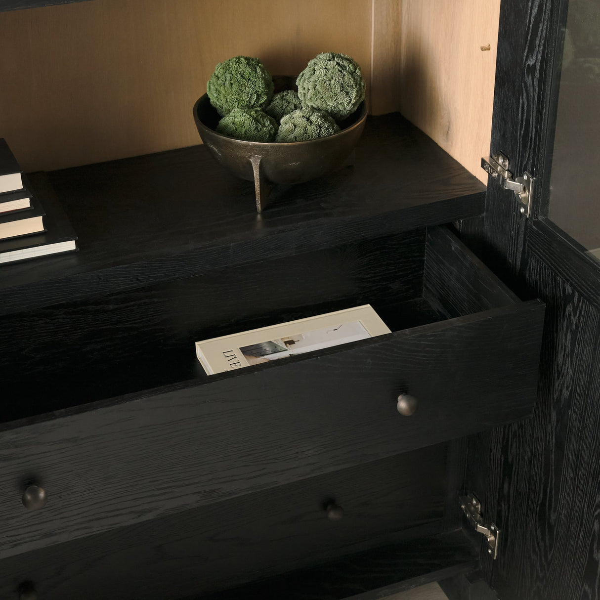 Henry Black & Light Brown Oak Wood w/ Glass Doors Curio Cabinet by Mercana at Eve Furniture