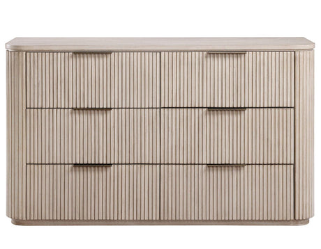 Henry 65″ 6-Drawer Reeded Dresser and Mirror, Tan Finish by Steve Silver at Eve Furniture
