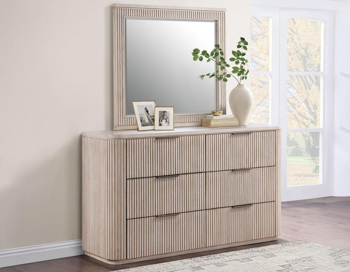 Henry 65″ 6-Drawer Reeded Dresser and Mirror, Tan Finish by Steve Silver at Eve Furniture