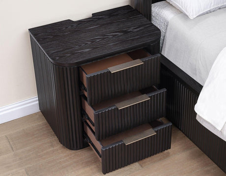 Henry Reeded 3-Drawer Nightstand with USB & Electric Outlets, Espresso Finish by Steve Silver at Eve Furniture