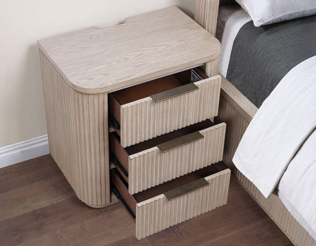 Henry Reeded 3-Drawer Nightstand with USB & Electric Outlets, Tan Finish by Steve Silver at Eve Furniture