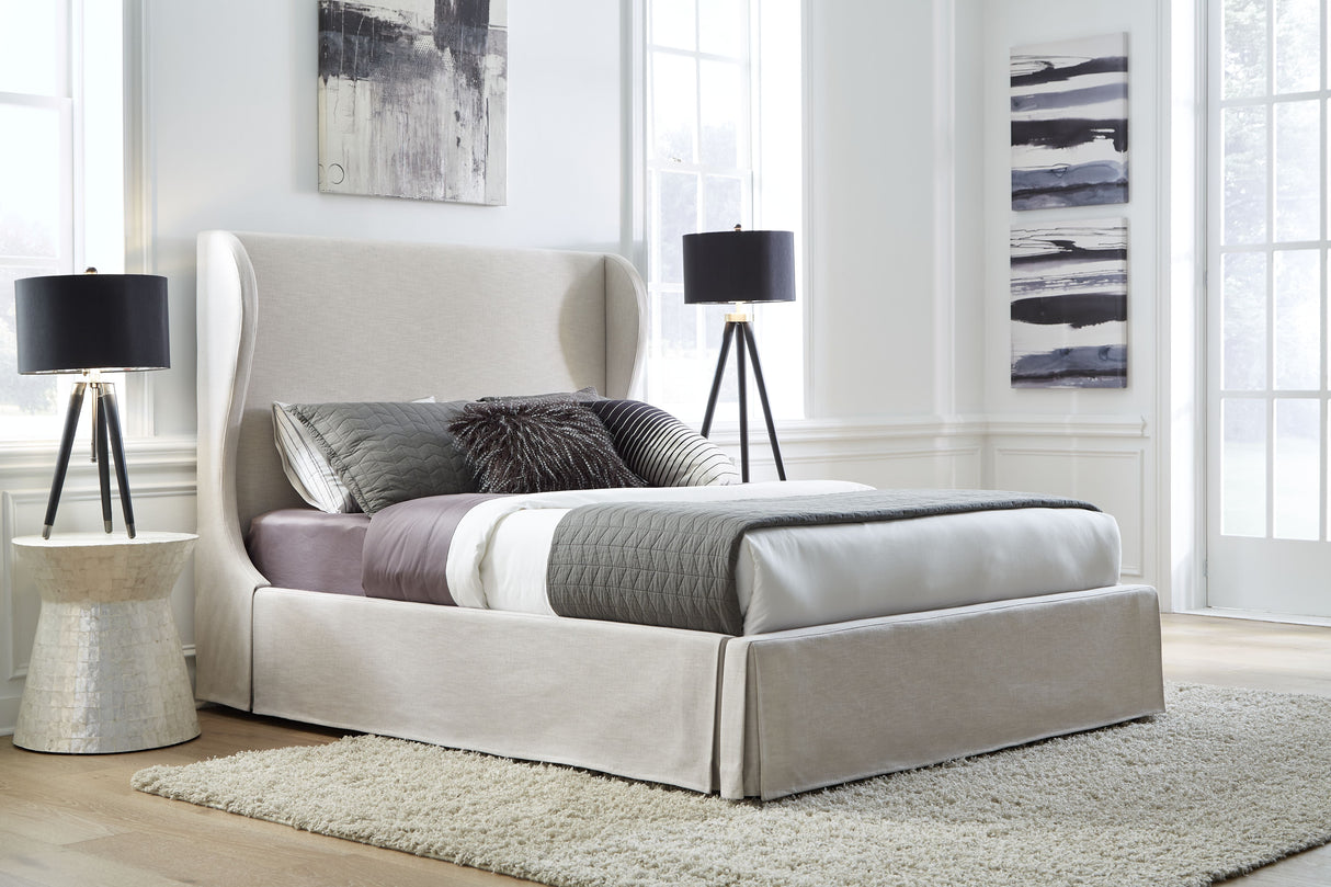 Hera Eastern King Skirted Footboard Storage Panel Bed in Oatmeal by Modus Furniture at Eve Furniture