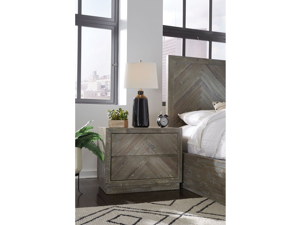 Herringbone Solid Wood Two Drawer Nightstand in Rustic Latte by Modus Furniture at Eve Furniture