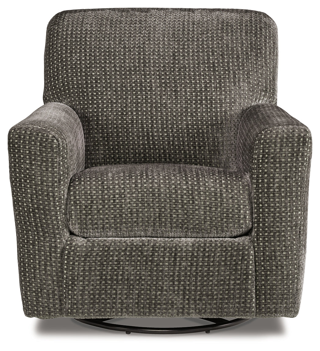 Herstow Charcoal Swivel Glider Accent Chair