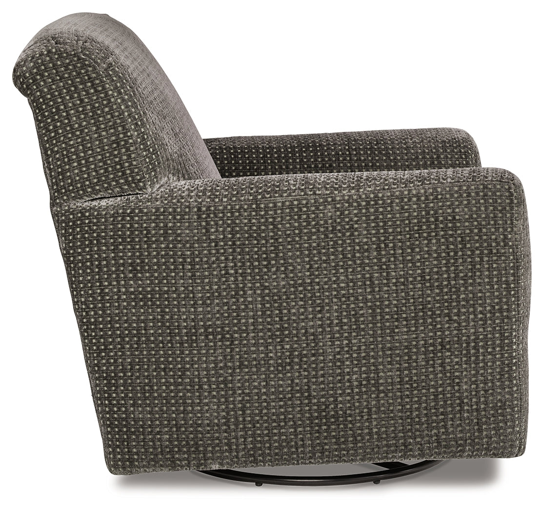 Herstow Charcoal Swivel Glider Accent Chair