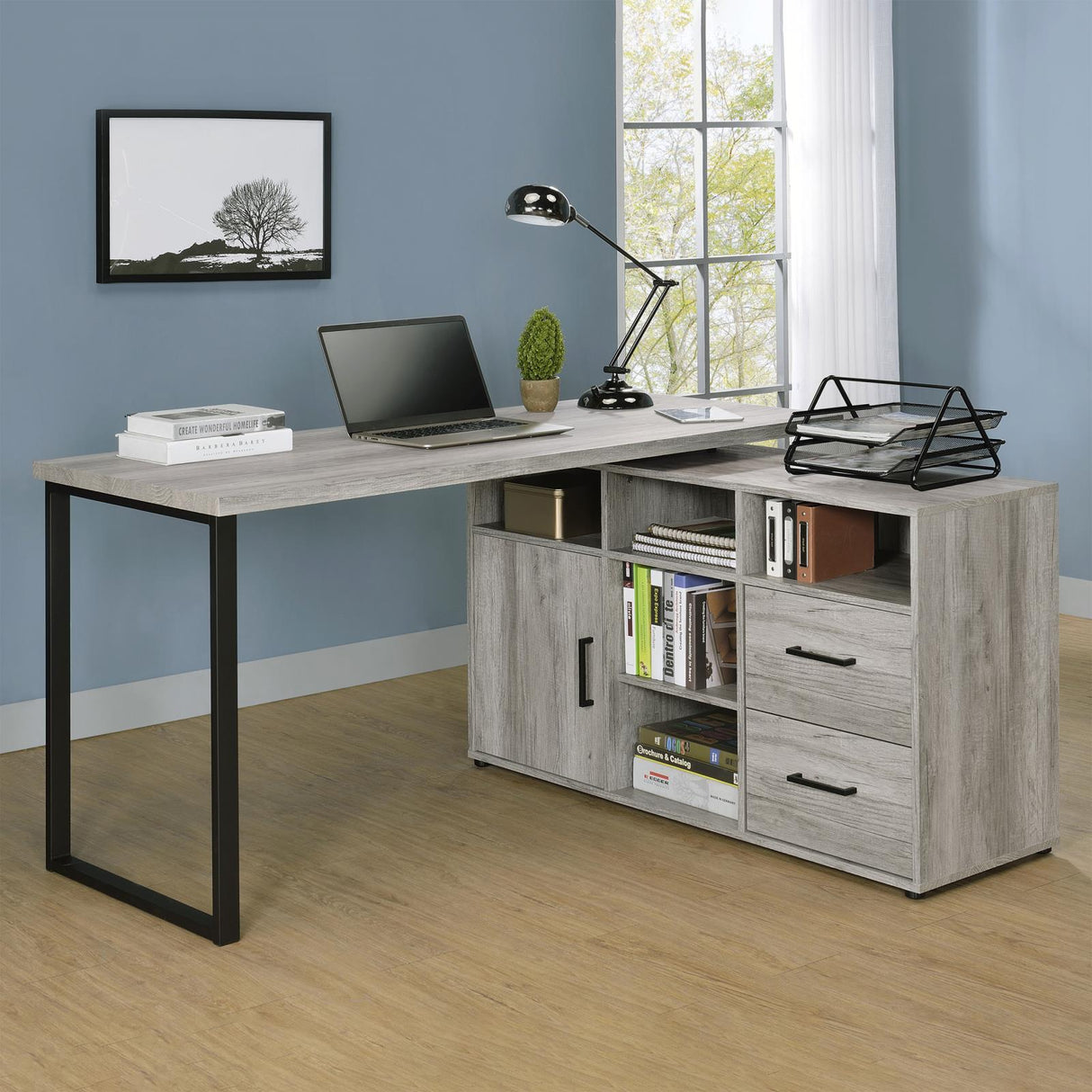 Hertford Gray Driftwood L-shape Office Desk with Storage