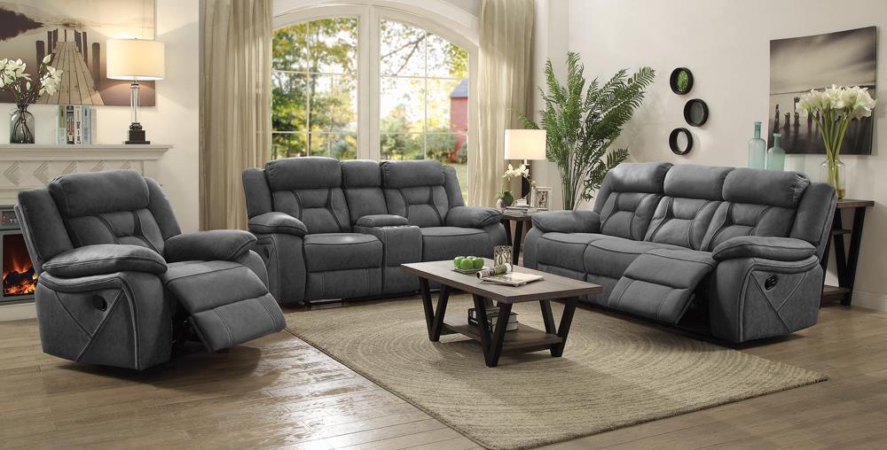 Higgins Gray Pillow Top Arm Upholstered Motion Sofa by Coaster at Eve Furniture