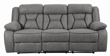 Higgins Gray Pillow Top Arm Upholstered Motion Sofa by Coaster at Eve Furniture