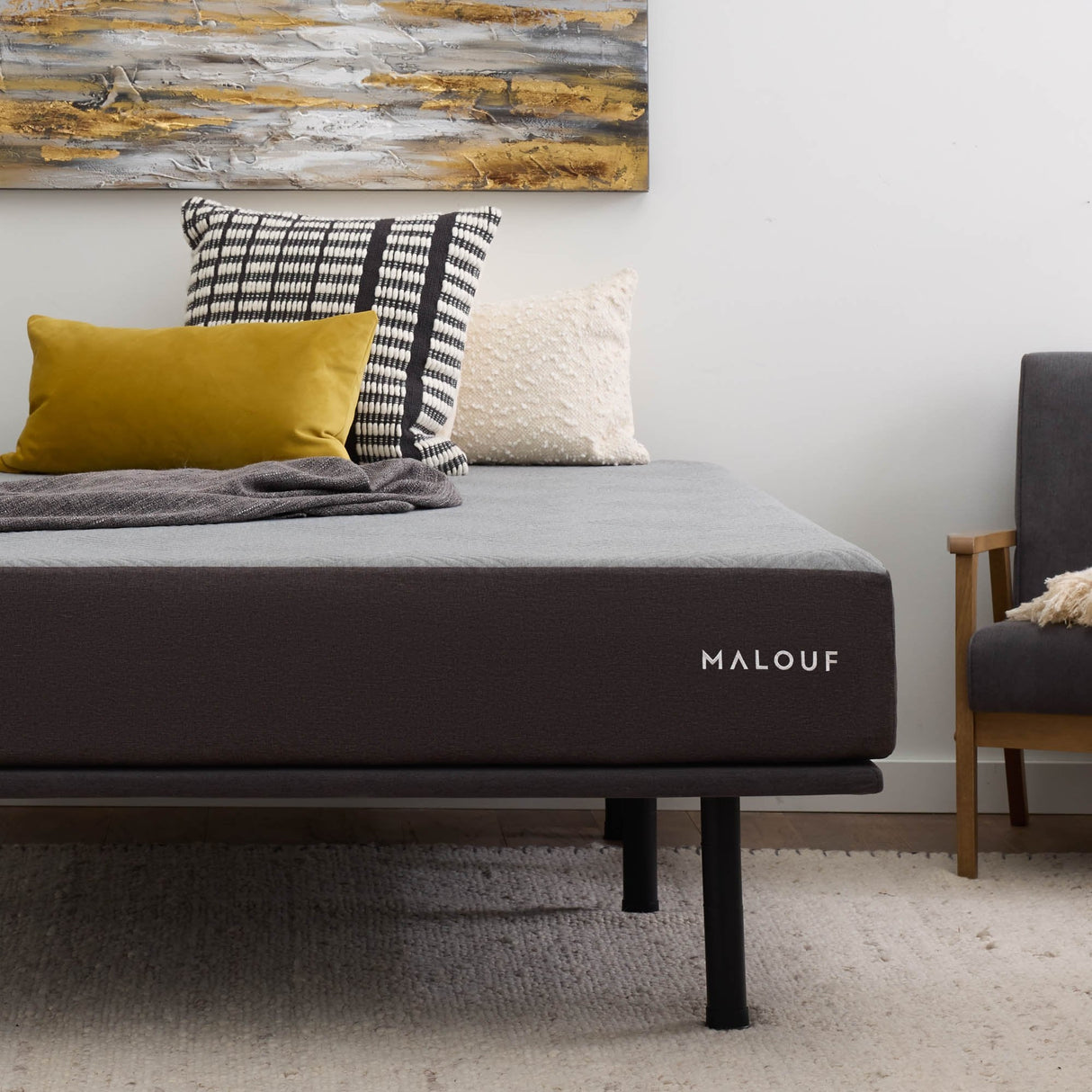 Highrise Charcoal Full Thin Deck Upholstered Platform Bed Frame by Malouf at Eve Furniture