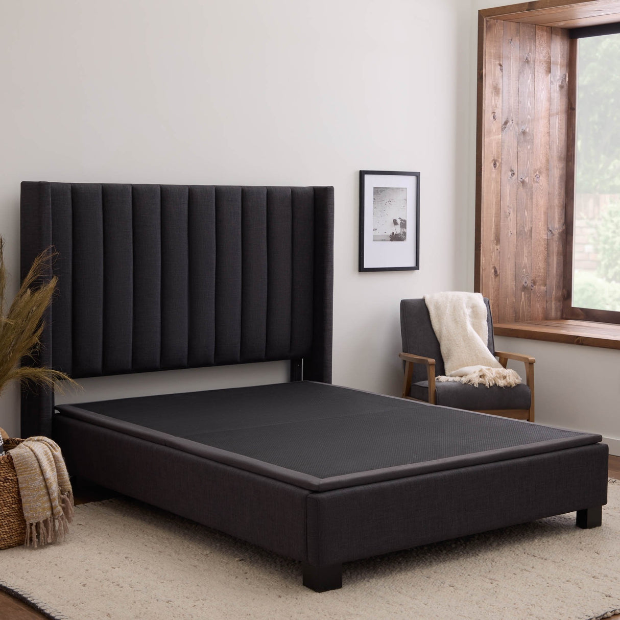 Highrise Charcoal King Thin Deck Upholstered Platform Bed Frame by Malouf at Eve Furniture