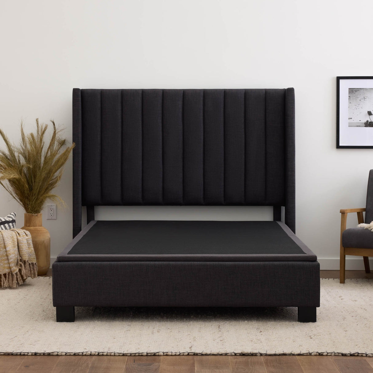 Highrise Charcoal King Thin Deck Upholstered Platform Bed Frame by Malouf at Eve Furniture