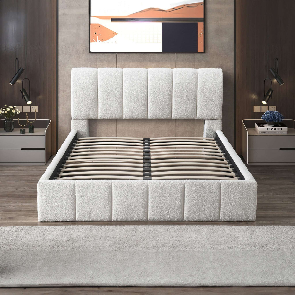 Hilar Mid-Century Modern White Boucle Platform Bed Queen