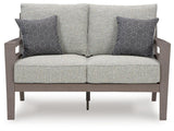 Hillside Barn Gray/Brown Outdoor Loveseat with Cushion by Ashley at Eve Furniture