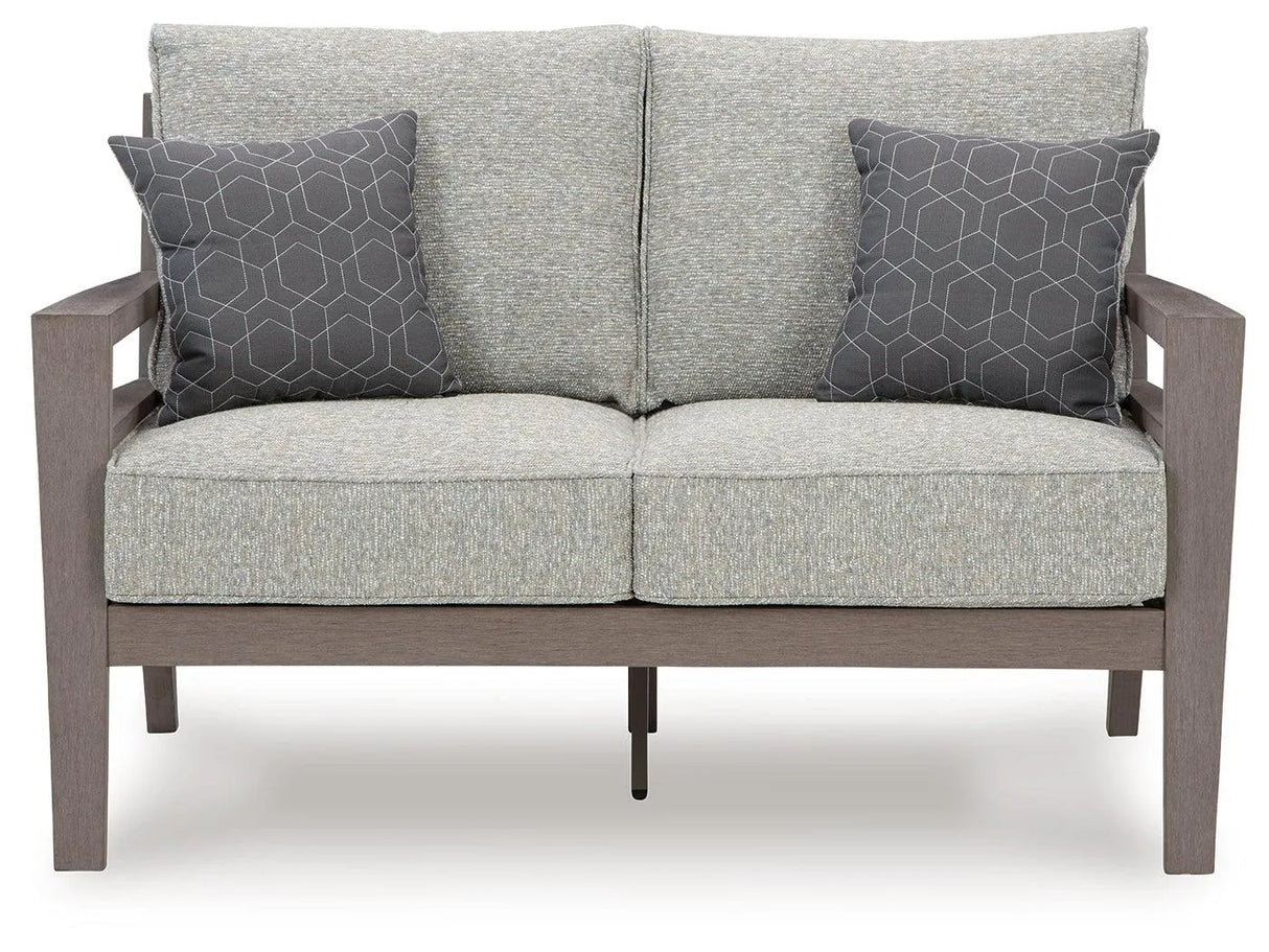 Hillside Barn Gray/Brown Outdoor Loveseat with Cushion by Ashley at Eve Furniture