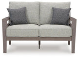 Hillside Barn Gray/Brown Outdoor Loveseat with Cushion by Ashley at Eve Furniture
