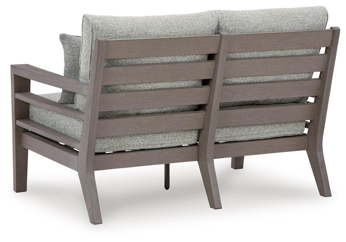 Hillside Barn Gray/Brown Outdoor Loveseat with Cushion by Ashley at Eve Furniture