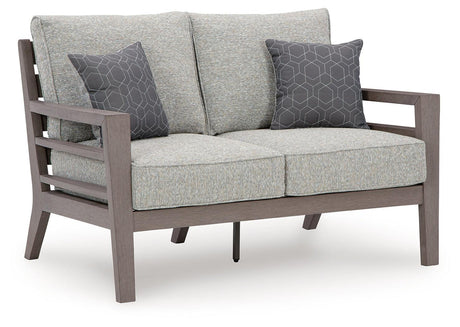 Hillside Barn Gray/Brown Outdoor Loveseat with Cushion by Ashley at Eve Furniture