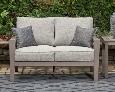 Hillside Barn Gray/Brown Outdoor Loveseat with Cushion by Ashley at Eve Furniture