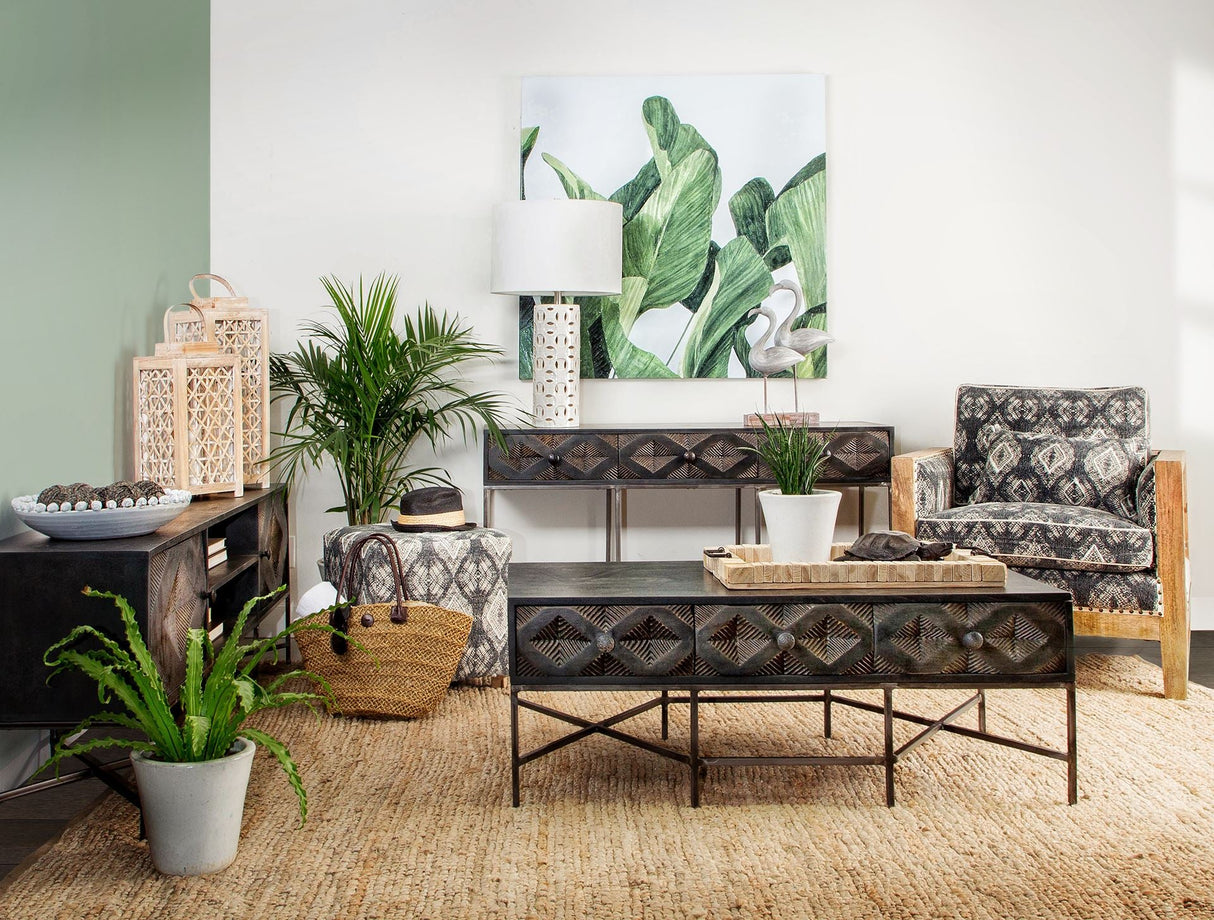 Hogarth Rectangular Brown Solid Wood Top Iron Metal Base w/6 Drawers Coffee Table by Mercana at Eve Furniture