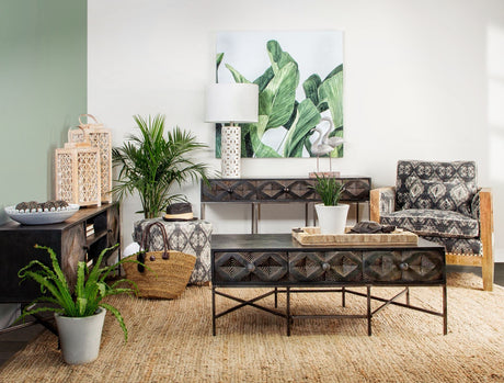 Hogarth Rectangular Brown Solid Wood Top Iron Metal Base w/6 Drawers Coffee Table by Mercana at Eve Furniture