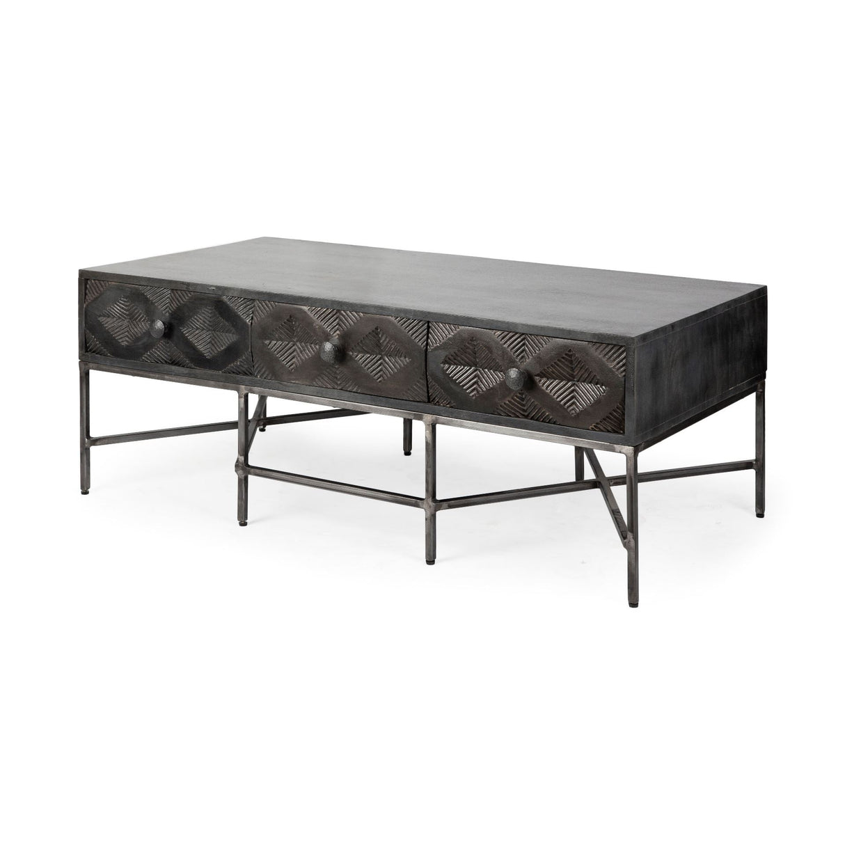 Hogarth Rectangular Brown Solid Wood Top Iron Metal Base w/6 Drawers Coffee Table by Mercana at Eve Furniture