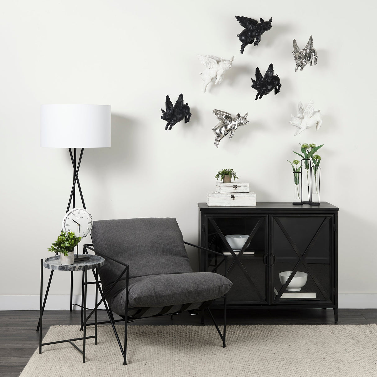 Hogbadi Set of 2 White Flying Pigs by Mercana at Eve Furniture