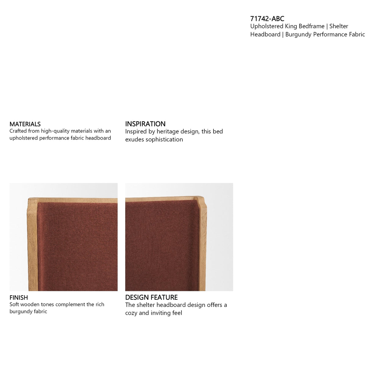 Holden King Upholstered Bedframe | Shelter Headboard | Burgundy Performance Fabric by Mercana at Eve Furniture