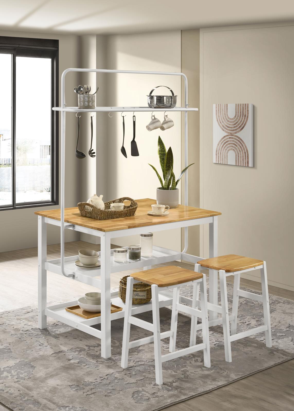 Hollis Brown/White 3-Piece Kitchen Island Counter Height Table with Stools