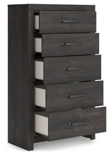 Hollivern Full Panel Bed with Storage with Mirrored Dresser and Chest in Dark Gray by Ashley at Eve Furniture