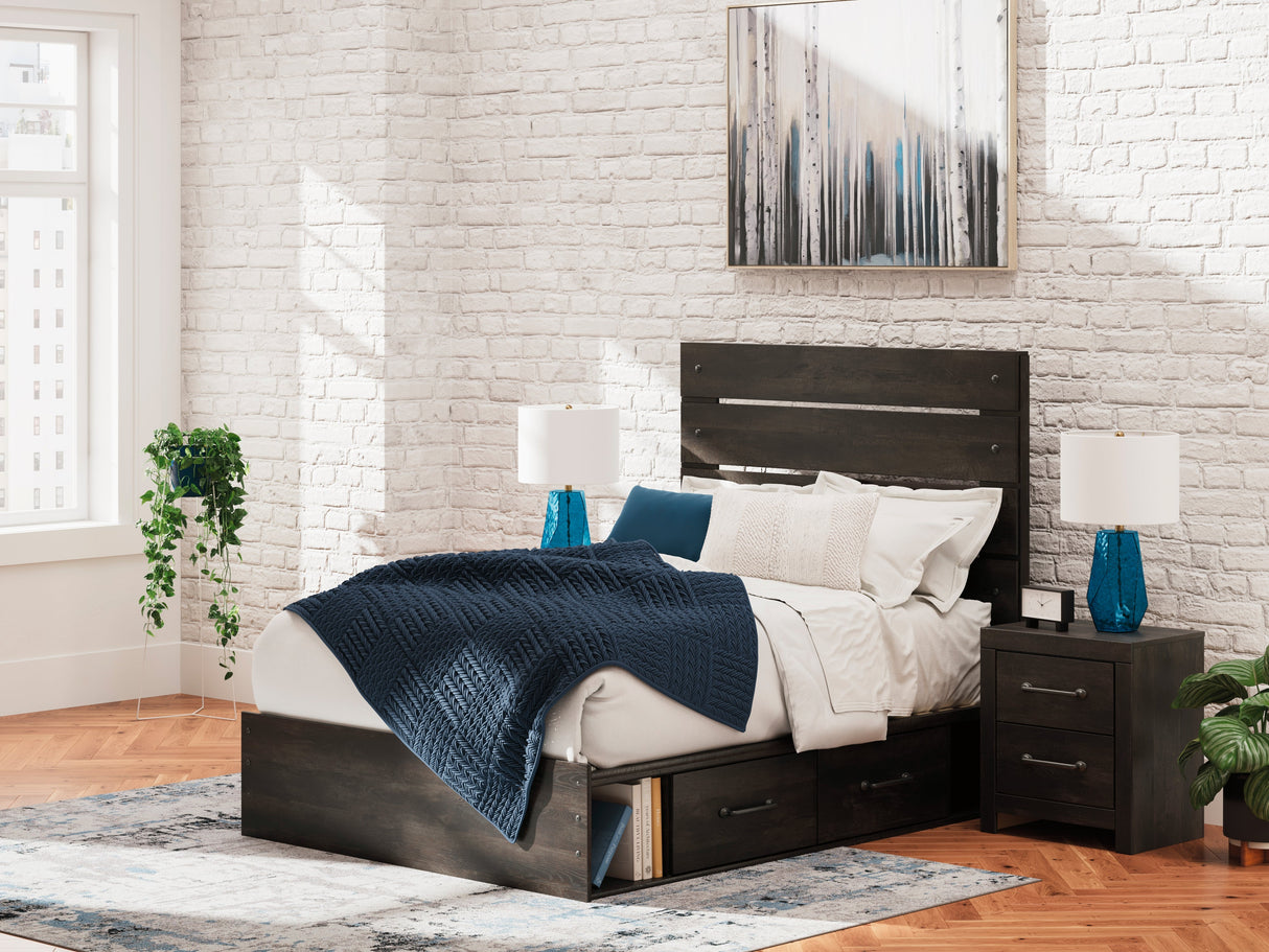 Hollivern Full Panel Bed with Storage with Mirrored Dresser and Chest in Dark Gray by Ashley at Eve Furniture