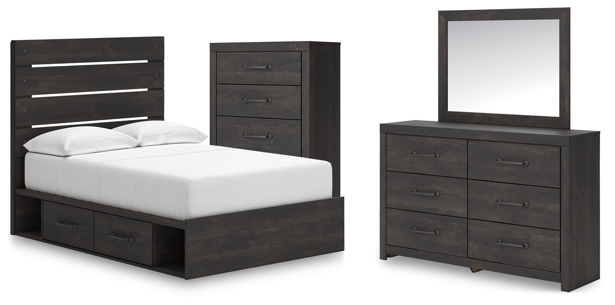Hollivern Full Panel Bed with Storage with Mirrored Dresser and Chest in Dark Gray by Ashley at Eve Furniture