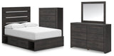 Hollivern Full Panel Bed with Storage with Mirrored Dresser and Chest in Dark Gray by Ashley at Eve Furniture