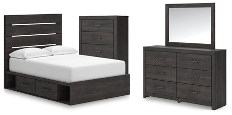 Hollivern Full Panel Bed with Storage with Mirrored Dresser and Chest in Dark Gray by Ashley at Eve Furniture
